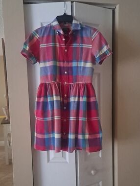 Polo Ralph Lauren kid Girl Madres Plaid Button Down w Pockets Cotton Dress Sz 14